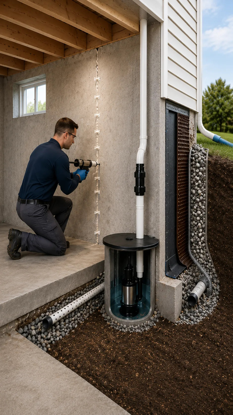 Barrier Waterproofing technician installing sump pump system in basement